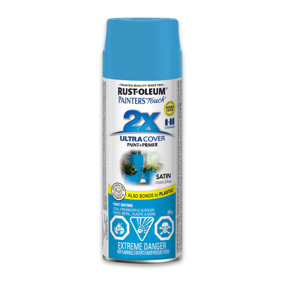 Rust-Oleum Painter's Touch 2X Ultra Cover satin oasis blue spray paint and primer 340g can for wood metal and plastic indoor outdoor projects