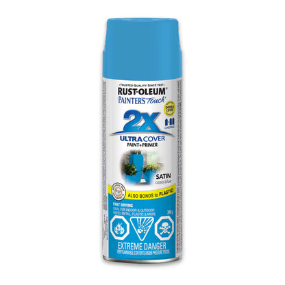 Rust-Oleum Painter's Touch 2X Ultra Cover satin oasis blue spray paint and primer 340g can for wood metal and plastic indoor outdoor projects