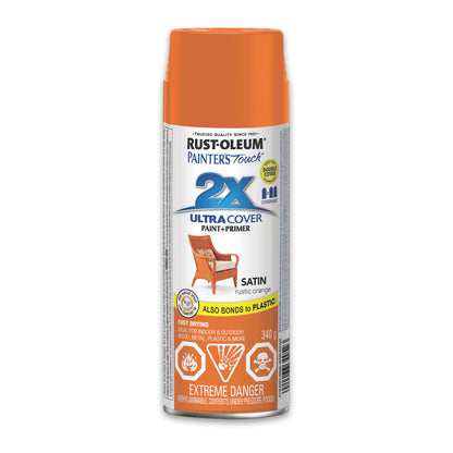 Rust-Oleum Painter's Touch 2X Ultra Cover satin rustic orange spray paint and primer 340g can for wood metal plastic furniture indoor outdoor
