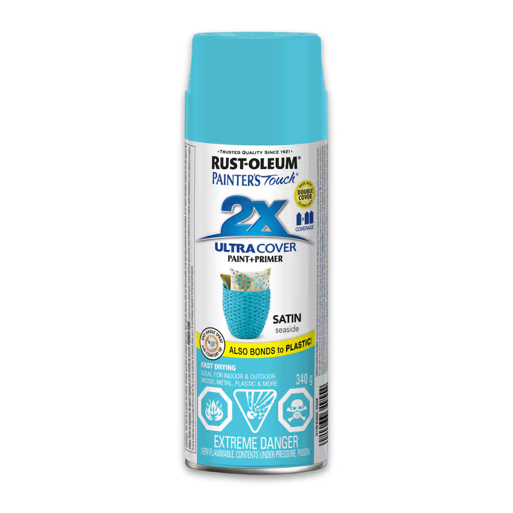 Rust-Oleum Painter's Touch 2X Ultra Cover satin seaside light blue spray paint and primer 340g can bonds to plastic fast drying indoor outdoor