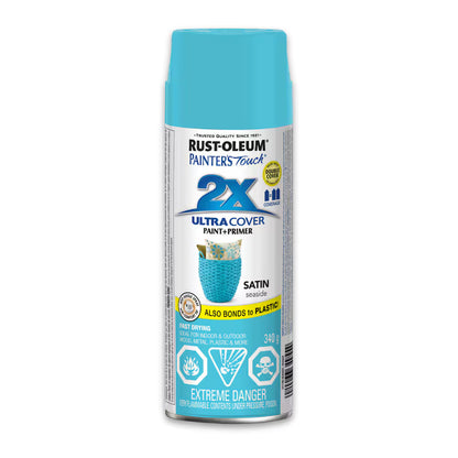 Rust-Oleum Painter's Touch 2X Ultra Cover satin seaside light blue spray paint and primer 340g can bonds to plastic fast drying indoor outdoor