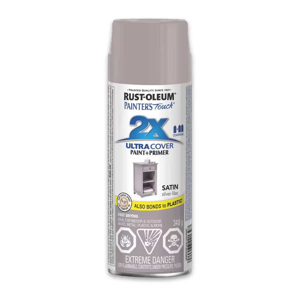 Rust-Oleum Painter's Touch 2X Ultra Cover satin silver lilac grey-purple spray paint and primer 340g can bonds to plastic fast drying for wood metal and plastic indoor outdoor use