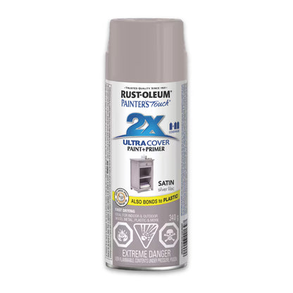Rust-Oleum Painter's Touch 2X Ultra Cover satin silver lilac grey-purple spray paint and primer 340g can bonds to plastic fast drying for wood metal and plastic indoor outdoor use