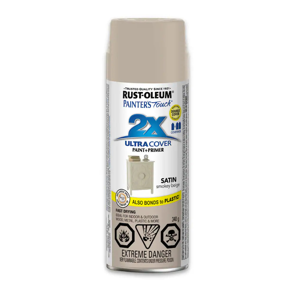 Rust-Oleum Painter's Touch 2X Ultra Cover satin smokey beige spray paint and primer 340g can for wood metal and plastic indoor outdoor use
