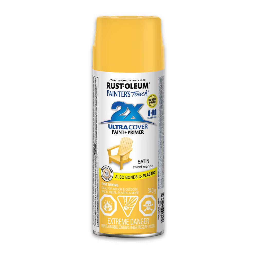 Rust-Oleum Painter's Touch 2X Ultra Cover satin sweet mango yellow spray paint and primer 340g can for wood metal and plastic indoor outdoor projects