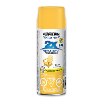 Rust-Oleum Painter's Touch 2X Ultra Cover satin sweet mango yellow spray paint and primer 340g can for wood metal and plastic indoor outdoor projects