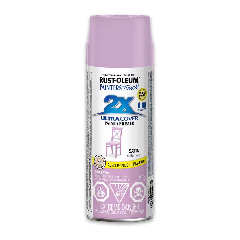 Rust-Oleum Painter's Touch 2X Ultra Cover satin tulip field lavender purple spray paint and primer 340g can bonds to plastic fast drying indoor outdoor
