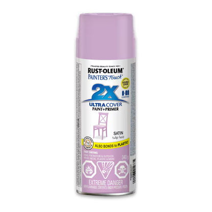 Rust-Oleum Painter's Touch 2X Ultra Cover satin tulip field lavender purple spray paint and primer 340g can bonds to plastic fast drying indoor outdoor