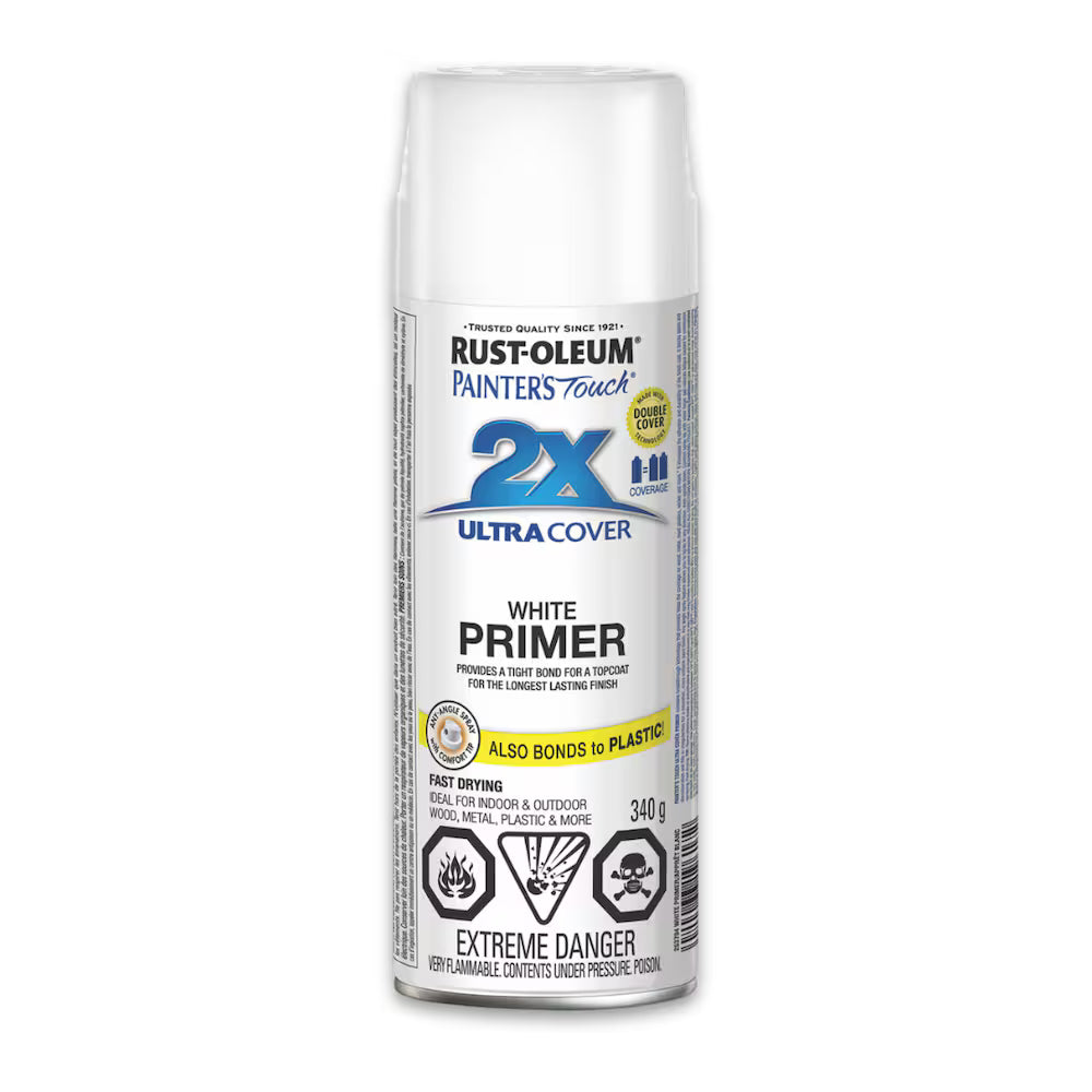 Rust-Oleum Painter's Touch 2X Ultra Cover White Primer 340 g aerosol spray with bilingual product label.