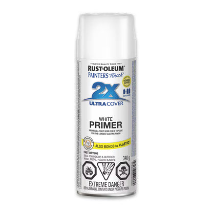 Rust-Oleum Painter's Touch 2X Ultra Cover White Primer 340 g aerosol spray with bilingual product label.