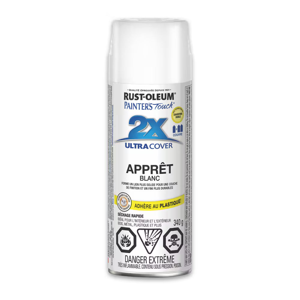 Rust-Oleum Painter's Touch 2X Ultra Cover Multi-Purpose White Primer 340 g aerosol spray paint front view.