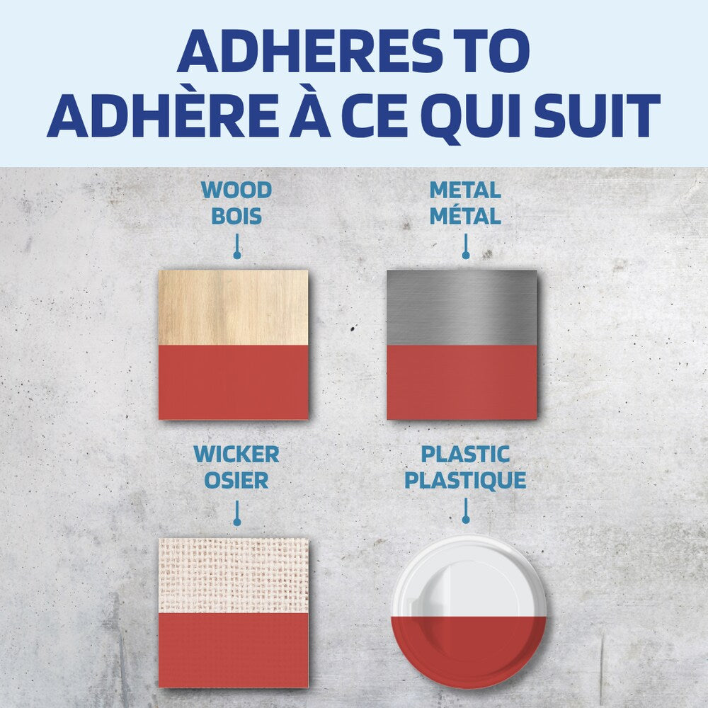 Infographic guide showing that the red primer adheres safely to common materials including wood, metal, wicker, and plastic.