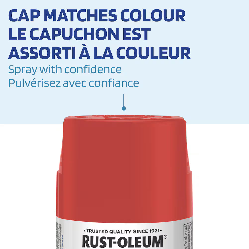 Product feature infographic showing a close-up of the red spray paint cap with English and French text indicating that the cap matches the paint color.