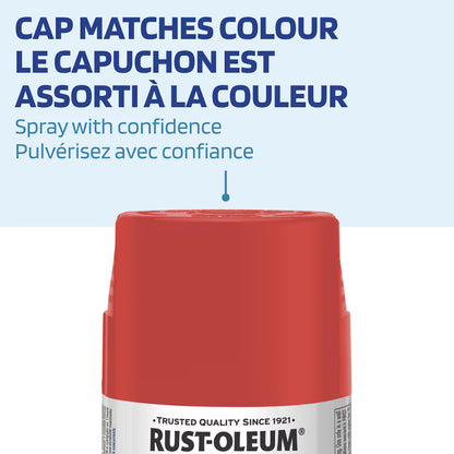 Product feature infographic showing a close-up of the red spray paint cap with English and French text indicating that the cap matches the paint color.