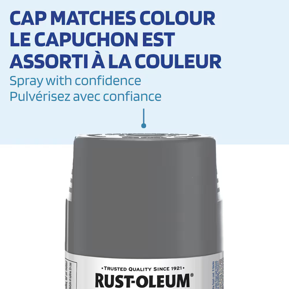 Product feature graphic showing a close-up of the grey spray paint cap with English and French text indicating that the cap matches the paint color.