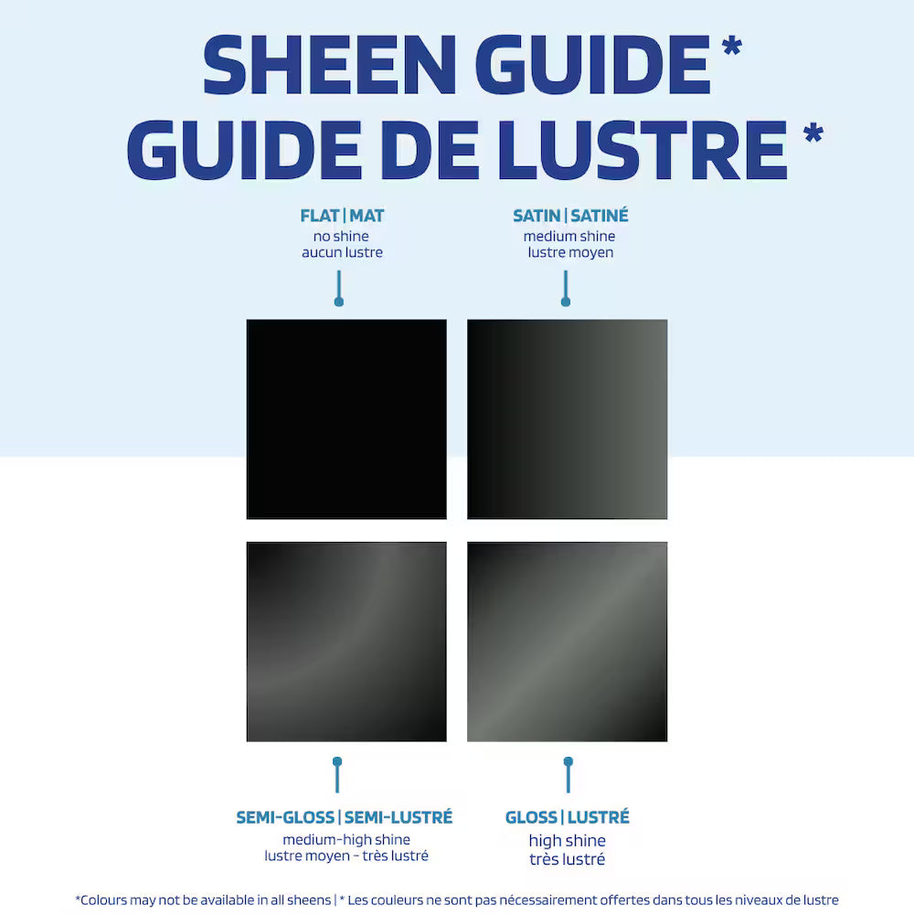 Bilingual Rust-Oleum spray paint sheen guide infographic showcasing flat, satin, semi-gloss, and gloss finish swatches in a black color template.