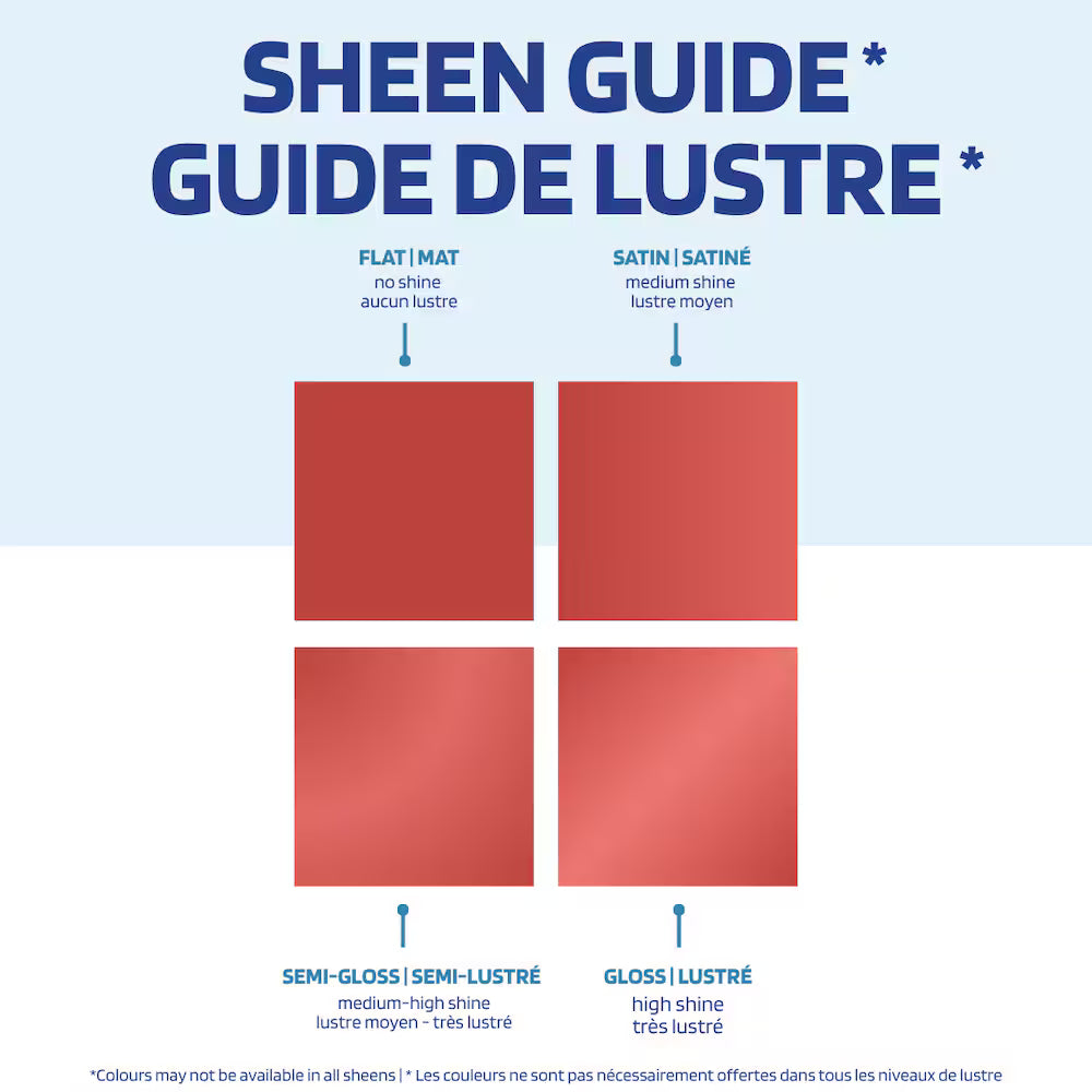 Rust-Oleum spray paint sheen guide infographic showcasing flat, satin, semi-gloss, and gloss finish swatches highlighted in a red color template.