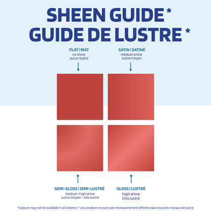 Rust-Oleum spray paint sheen guide infographic showcasing flat, satin, semi-gloss, and gloss finish swatches highlighted in a red color template.