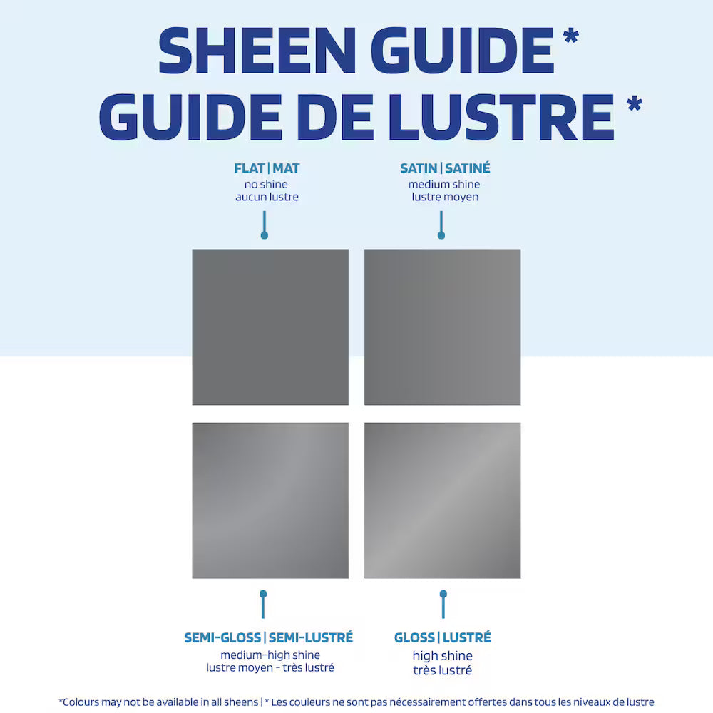 Rust-Oleum spray paint sheen guide infographic showcasing swatches and visual finishes for flat, satin, semi-gloss, and gloss levels.
