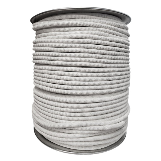 A single large industrial metal spool tightly wound with white solid braided sash cord utility rigging rope isolated on a white background