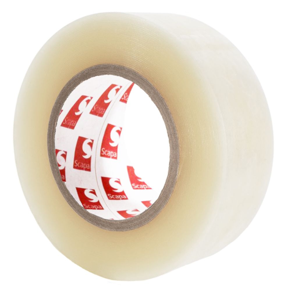 Single 96mm wide roll of clear Scapa 134 UV-resistant polyethylene tape with a red logo core and heavy-duty 9MIL gauge for outdoor industrial use.