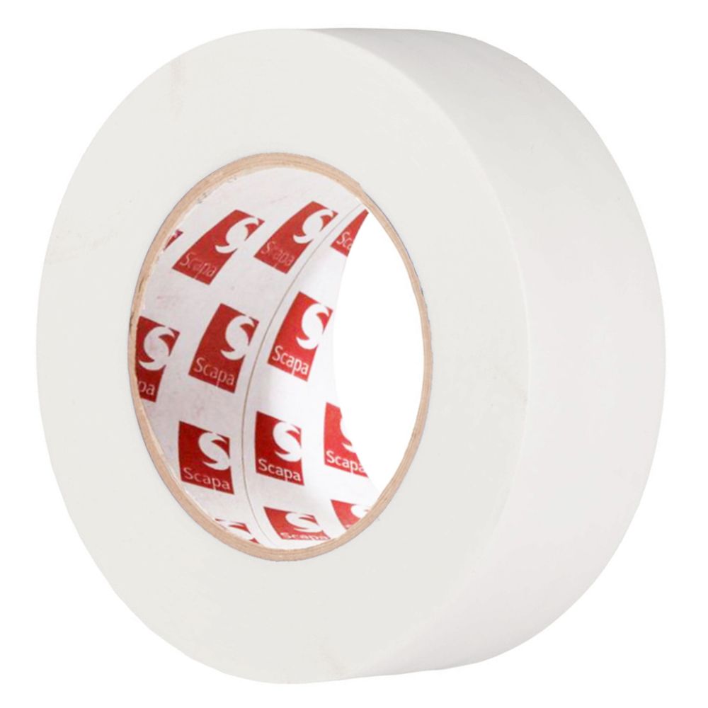 Side-profile view of a white Scapa 136 heavy-duty polyethylene tape roll showcasing the signature red Scapa logo core and 9MIL film gauge.