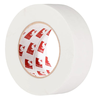 Side-profile view of a white Scapa 136 heavy-duty polyethylene tape roll showcasing the signature red Scapa logo core and 9MIL film gauge.