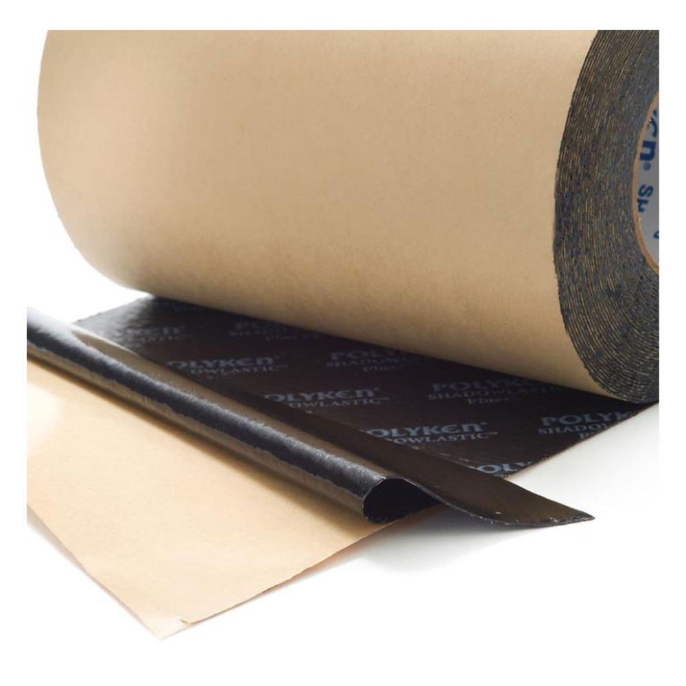 Detailed view of the aggressive adhesive layer and printed backing of Shadowlastic Plus roof flashing tape, showing the peel-away liner.