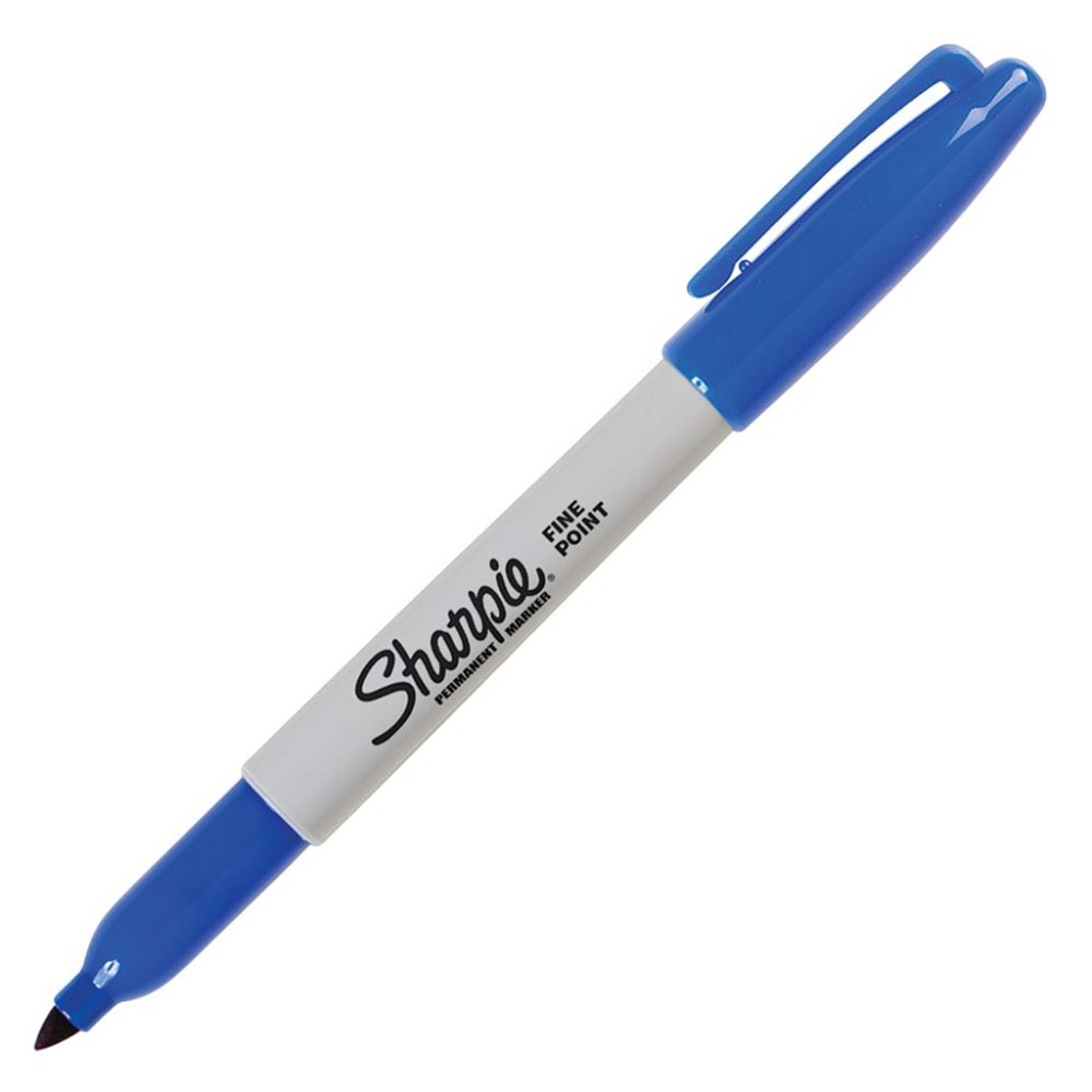  Sharpie blue fine point permanent marker single pen on white background
