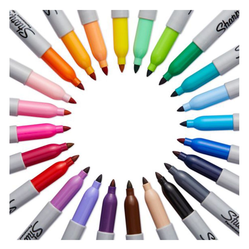 Sharpie permanent markers multicolor fine point tips arranged in circle close up view