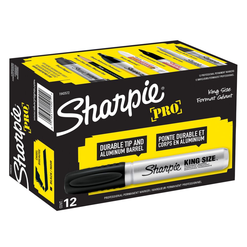 Sharpie Pro King Size permanent markers 12-count box packaging with a black chisel tip marker illustration on a white background