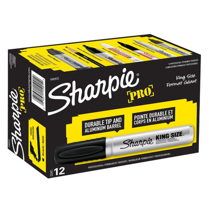 Sharpie Pro King Size permanent markers 12-count box packaging with a black chisel tip marker illustration on a white background