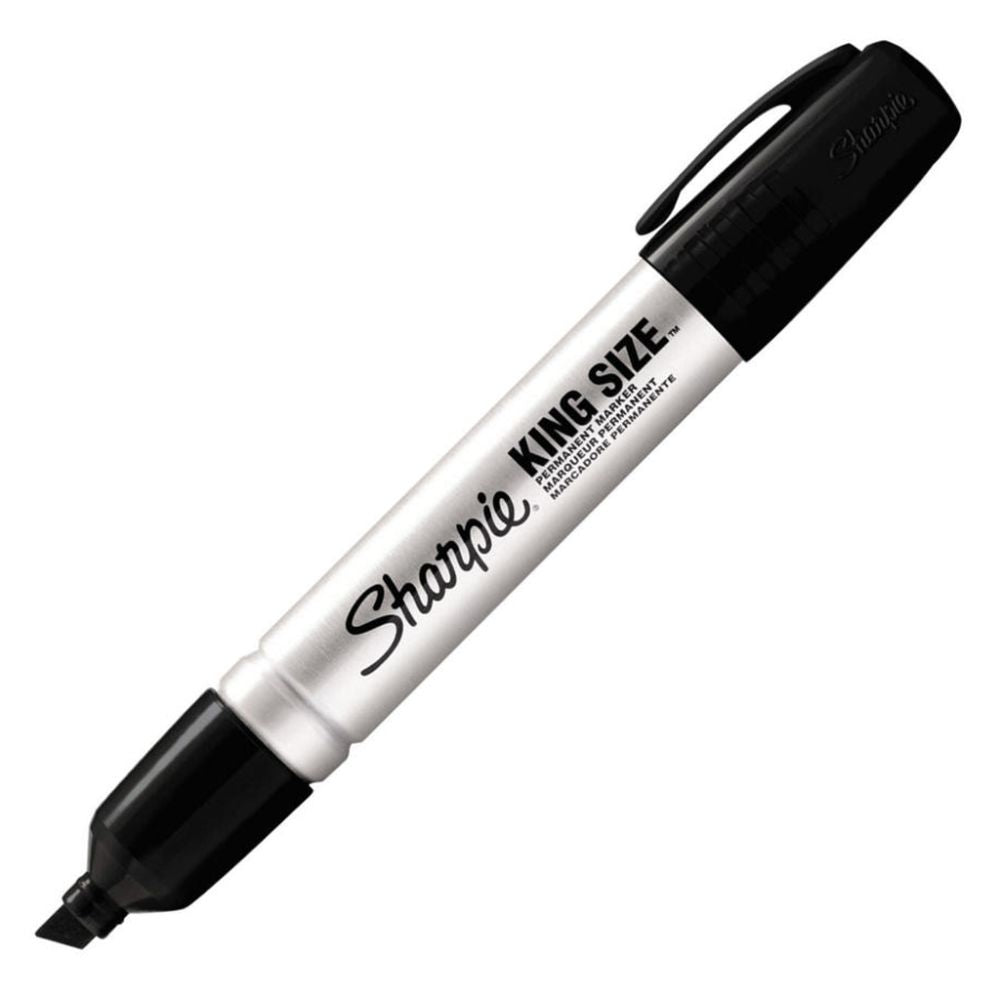 Single Sharpie Pro King Size permanent marker with an open black chisel tip and aluminum barrel on a white background