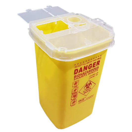 Yellow 1-liter Sharps FS393-8702TYF stackable container with a translucent multi-opening lid and clear "Danger Biohazardous Sharps Waste" labeling.