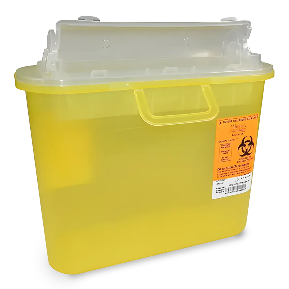 Large 5-liter yellow Sharps FS393-8708TYF container featuring a built-in carry handle, translucent flip-top lid, and orange biohazard safety labeling.