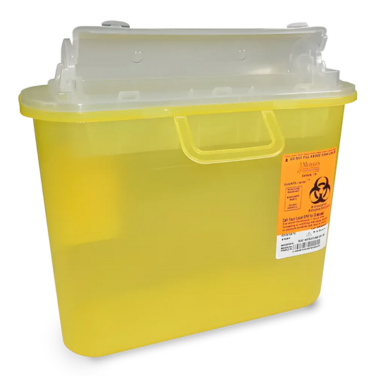 Large 5-liter yellow Sharps FS393-8708TYF container featuring a built-in carry handle, translucent flip-top lid, and orange biohazard safety labeling.