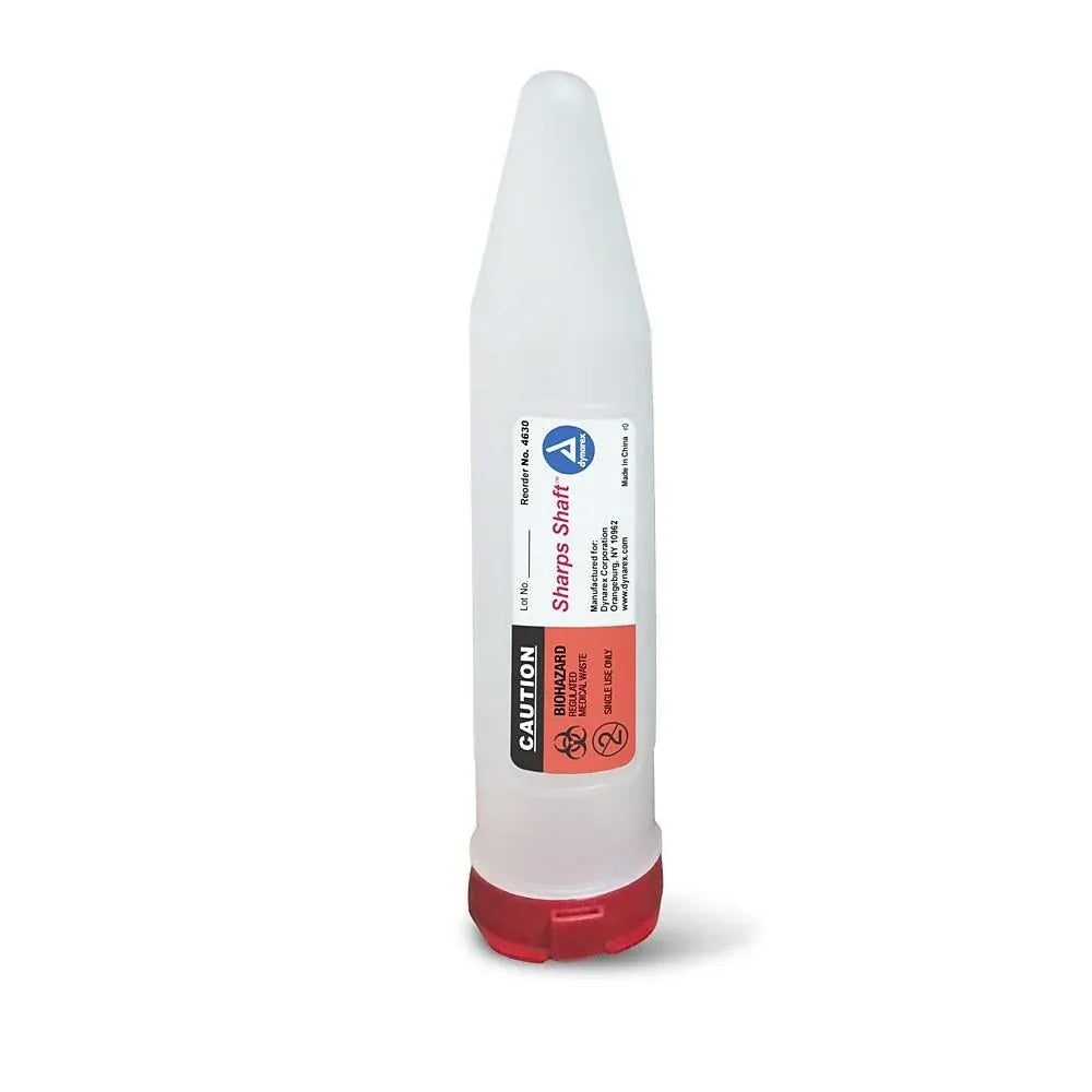 Slim, white cylindrical Sharps Shaft FS819-4630 container with a red snap-cap, biohazard warning label, and compact profile for mobile medical waste disposal.