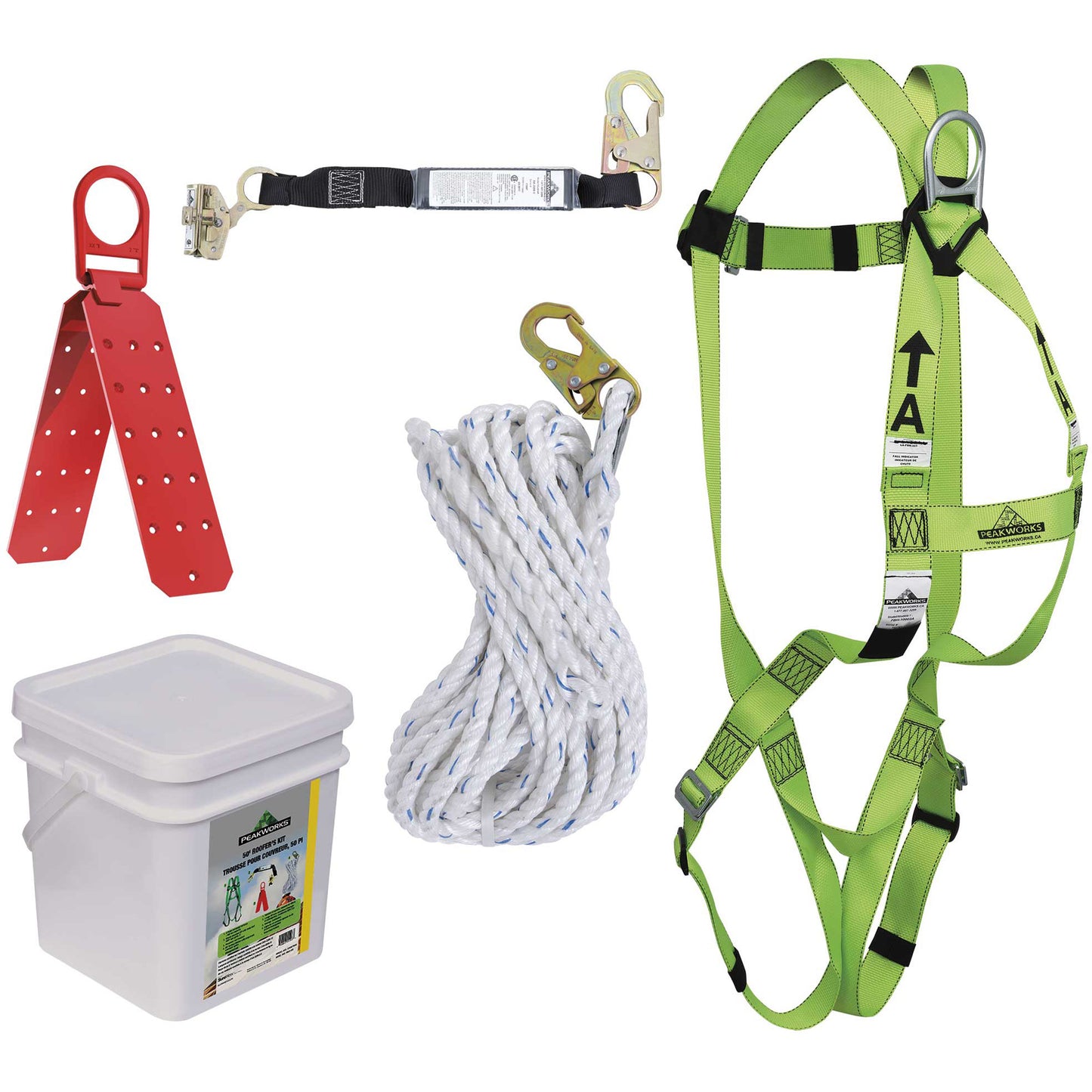 Peakworks RK4-50 Compliance Fall Protection Roofer's Kit – 50 ft Vertical Lifeline, Class A Harness, Reusable Roof Bracket