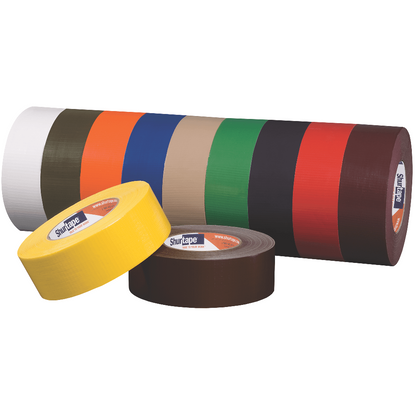 A variety of Shurtape professional-grade colored gaffer tape rolls including yellow, brown, green, and red.