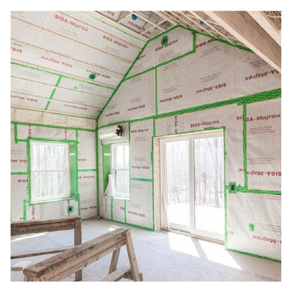 Interior view of a construction site featuring SIGA-Majrex vapor control layers fully sealed at all seams and joints with green Rissan reinforced sealing tape.