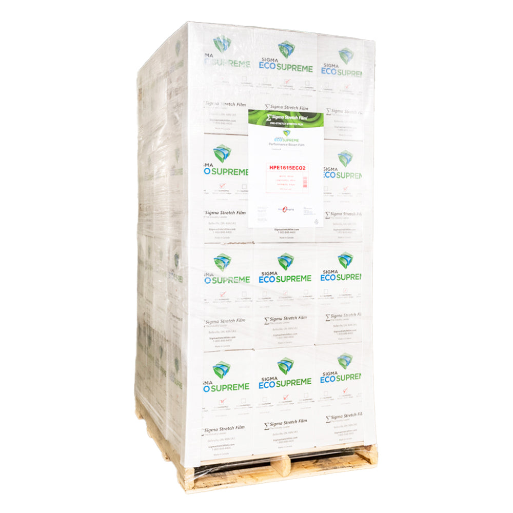 A large industrial wooden pallet stacked high with white boxes of Sigma EcoSupreme hand stretch film secured with a master clear wrap on a white background