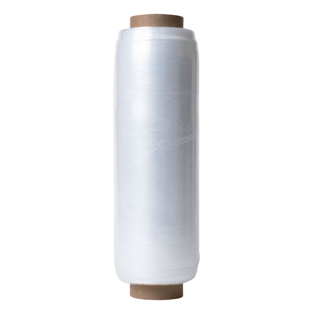 A single vertical roll of clear transparent Sigma EcoSupreme pre-stretch hand wrap film with a brown cardboard inner core protruding from both ends isolated on a white background