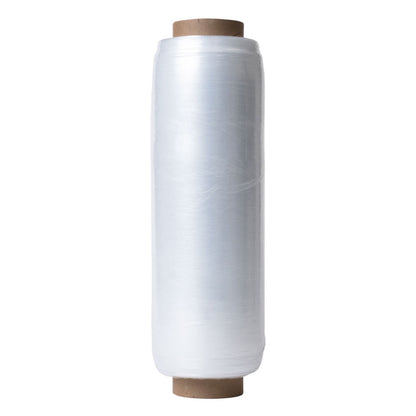A single vertical roll of clear transparent Sigma EcoSupreme pre-stretch hand wrap film with a brown cardboard inner core protruding from both ends isolated on a white background