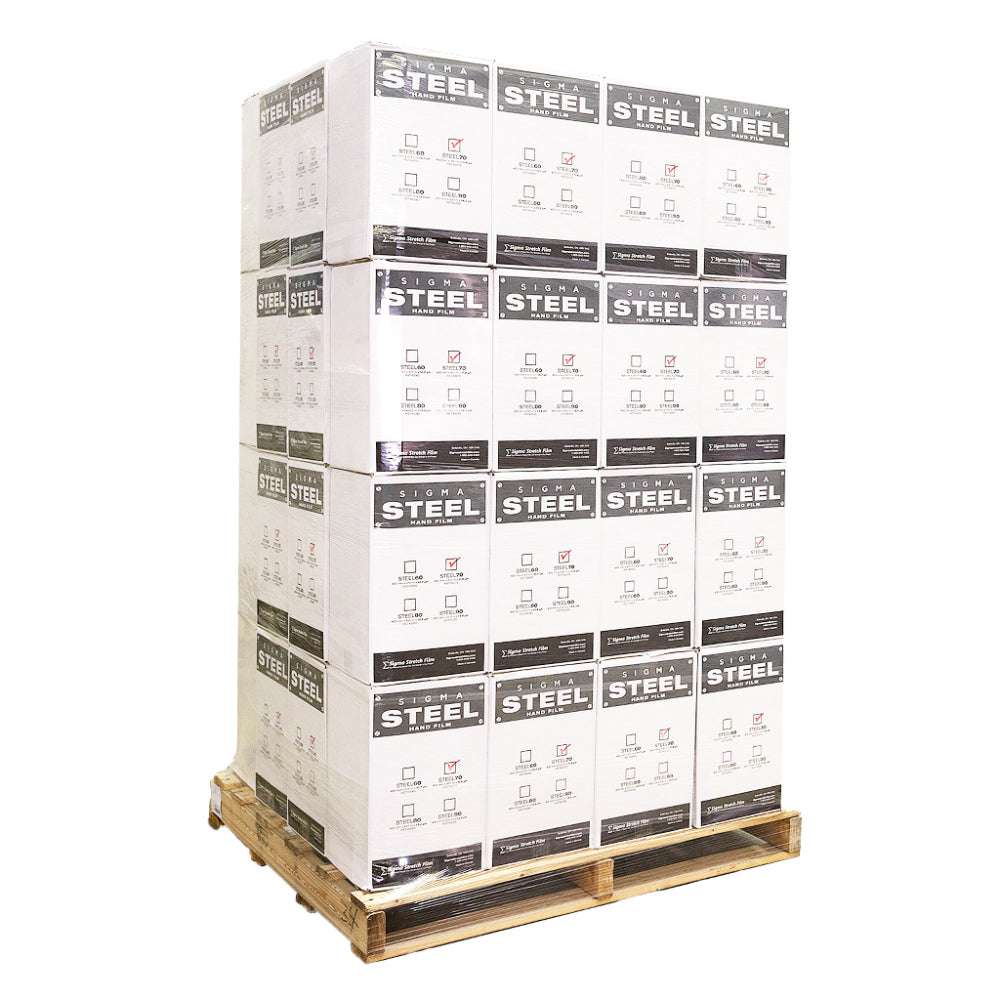 A large wooden warehouse pallet stacked high with white commercial boxes of Sigma Steel hand film wrap secured with transparent plastic bundling over a white background