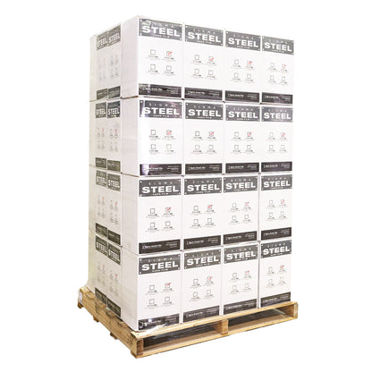 A large wooden warehouse pallet stacked high with white commercial boxes of Sigma Steel hand film wrap secured with transparent plastic bundling over a white background