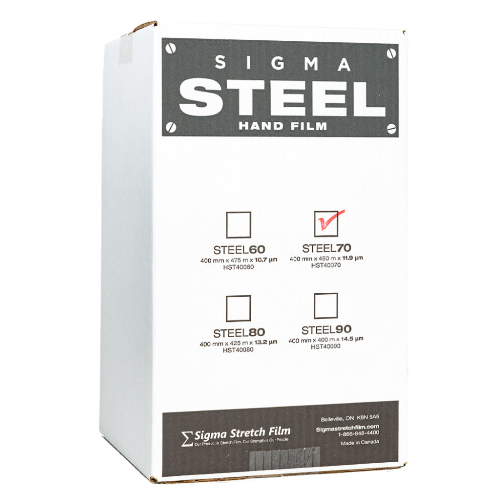 A single white packaging box for Sigma Steel hand film with a red checkmark on the Steel70 option detailing specifications like 400mm x 450m x 11.9 microns isolated on a white background