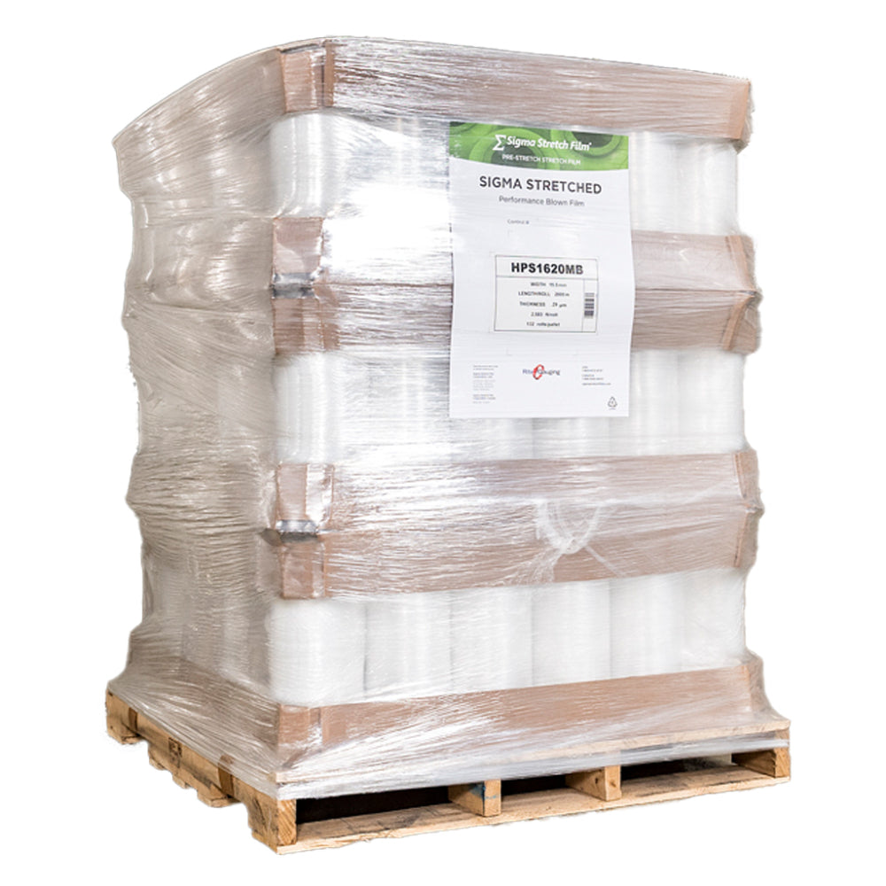A large industrial wooden pallet stacked with multi-tier cardboard layers of Sigma Stretched blown film rolls fully wrapped in clear protective plastic on a white background