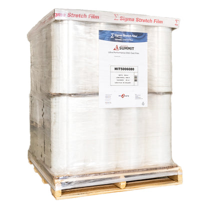 A large industrial wooden pallet stacked high with double-tier layers of Sigma Summit ultra performance cast machine stretch film rolls securely wrapped in transparent plastic on a white background