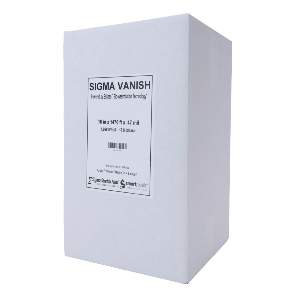A single tall white packaging container box for Sigma Vanish stretch film detailing model specifications and Eclipse bio-assimilation technology over a white background