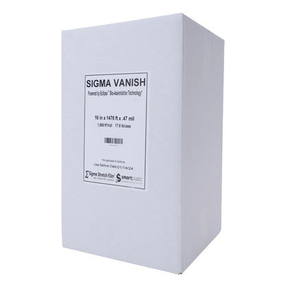 A single tall white packaging container box for Sigma Vanish stretch film detailing model specifications and Eclipse bio-assimilation technology over a white background